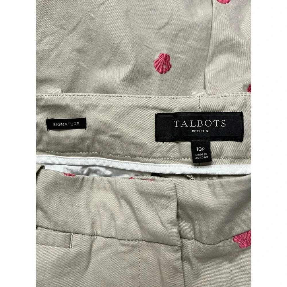 Talbots Cropped Pants‎ Womens 10P Tan Pink Shell Nautical Embroidered Ankle